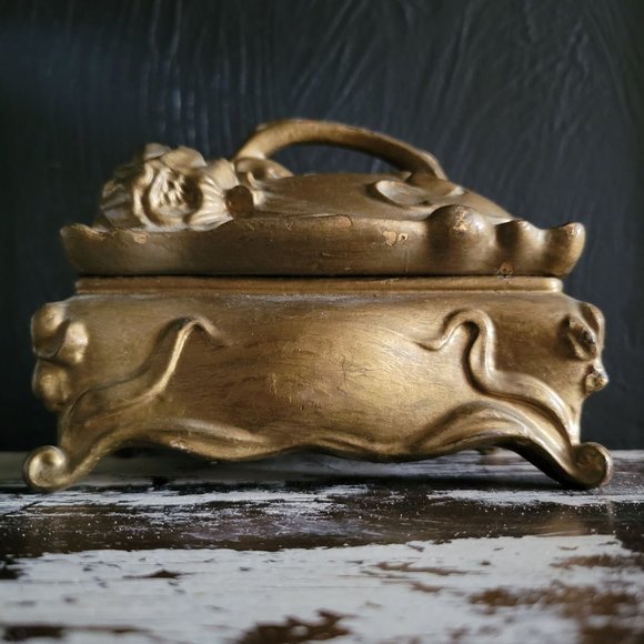 Vintage American Art Nouveau Gilt Metal Jewel Casket/ Jewelry Box by Benedict - Picture 2 of 8
